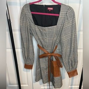 Staud Oz plaid faux leather trim dress